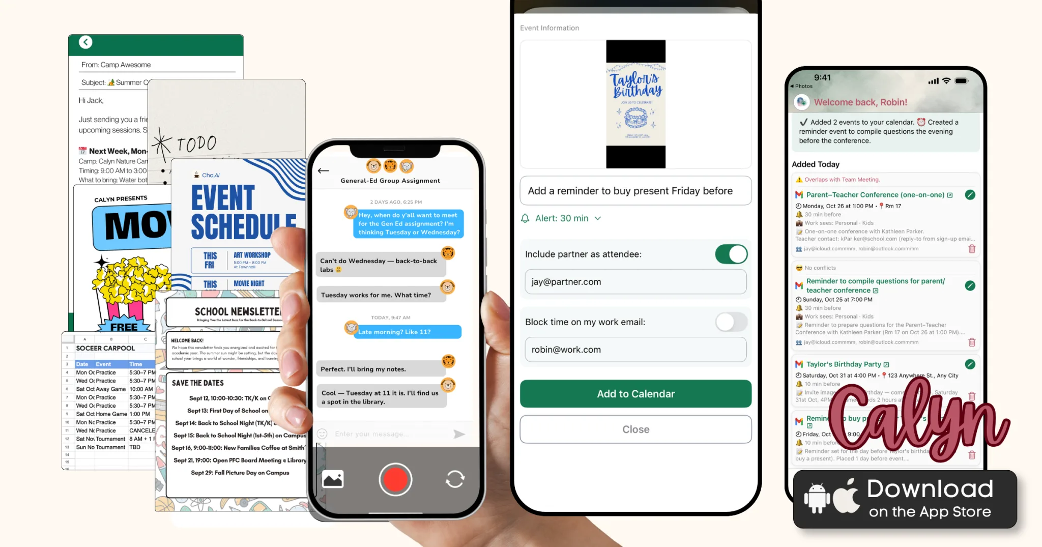 Calyn Calendar Capture: an email, a flyer, a group chat and a photo become events on your calendar