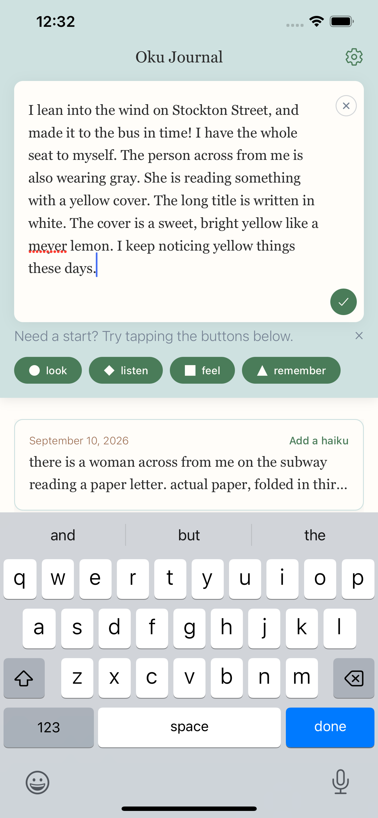 Writing an observation in Oku, with the look/listen/feel/remember prompt drawer below