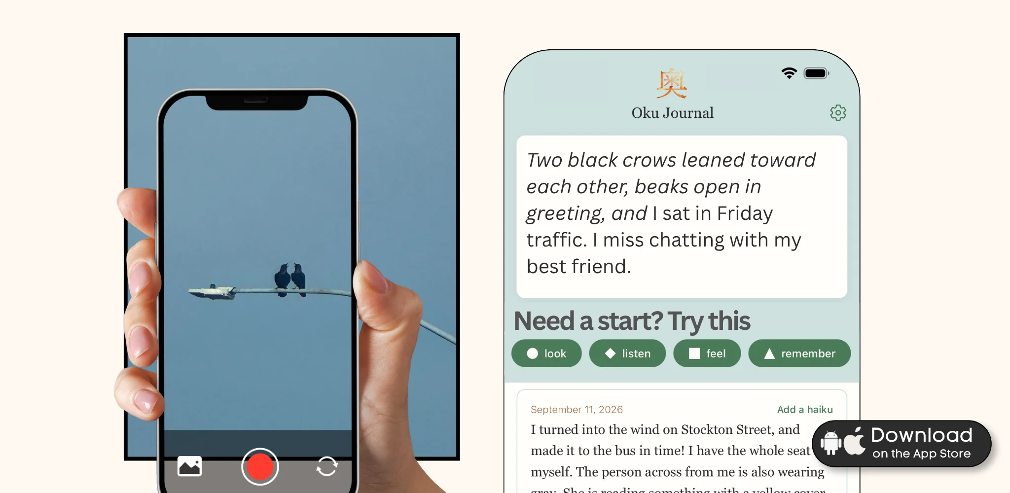 Oku Journal: a photo of two crows on a streetlight becomes the first line of a journal entry