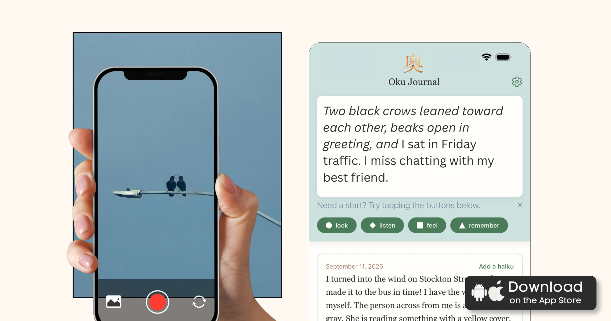 Oku Journal: a photo of two crows on a streetlight becomes the first line of a journal entry