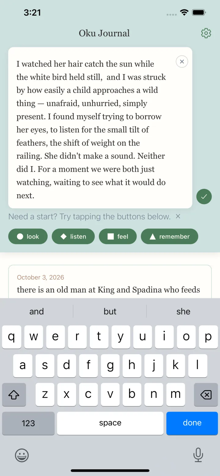 Writing an observation about the cockatoo in Oku Journal, with the look, listen, feel and remember prompts below