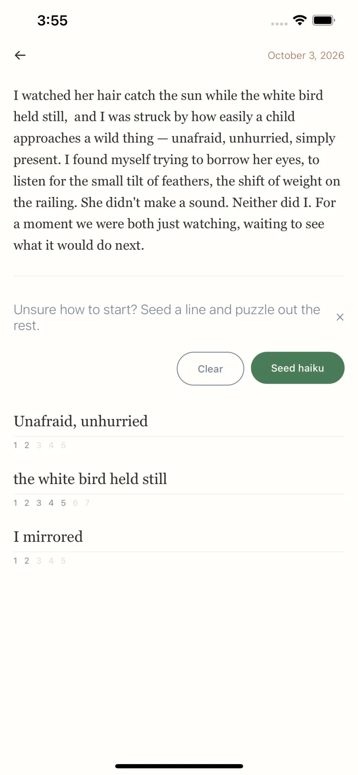 Seeding a haiku from the cockatoo observation in Oku Journal