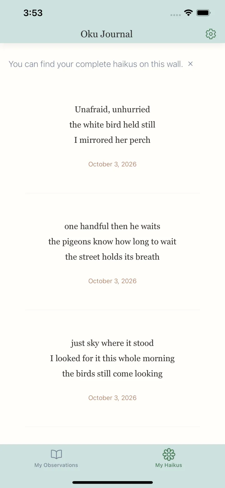 The finished cockatoo haiku on the Oku Journal haiku wall